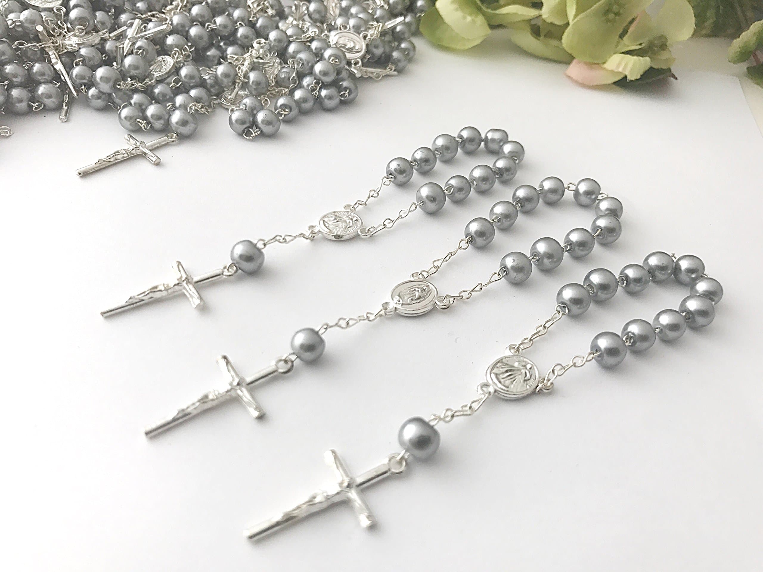 25 Pc Gray Crystal Pearls Baptism Favors Mini Rosaries Silver Plated/Recuerditos De Bautismo/Christening Favors/Decenarios/Decades/Finger Rosaries