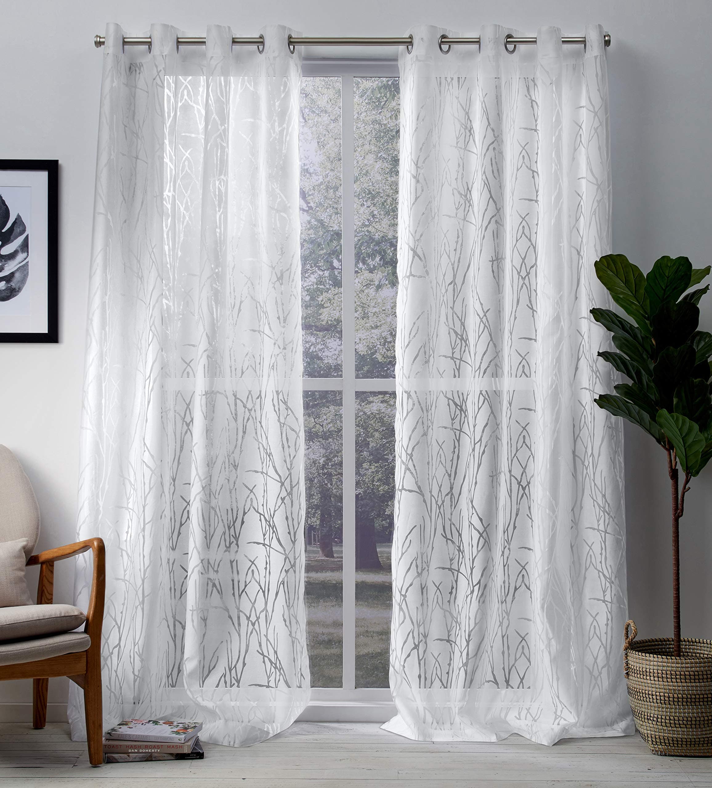 EXCLUSIVE HOME Edinburgh Sheer Branch Burnout Grommet Top Curtain Panel Pair, 52"x96", Winter White