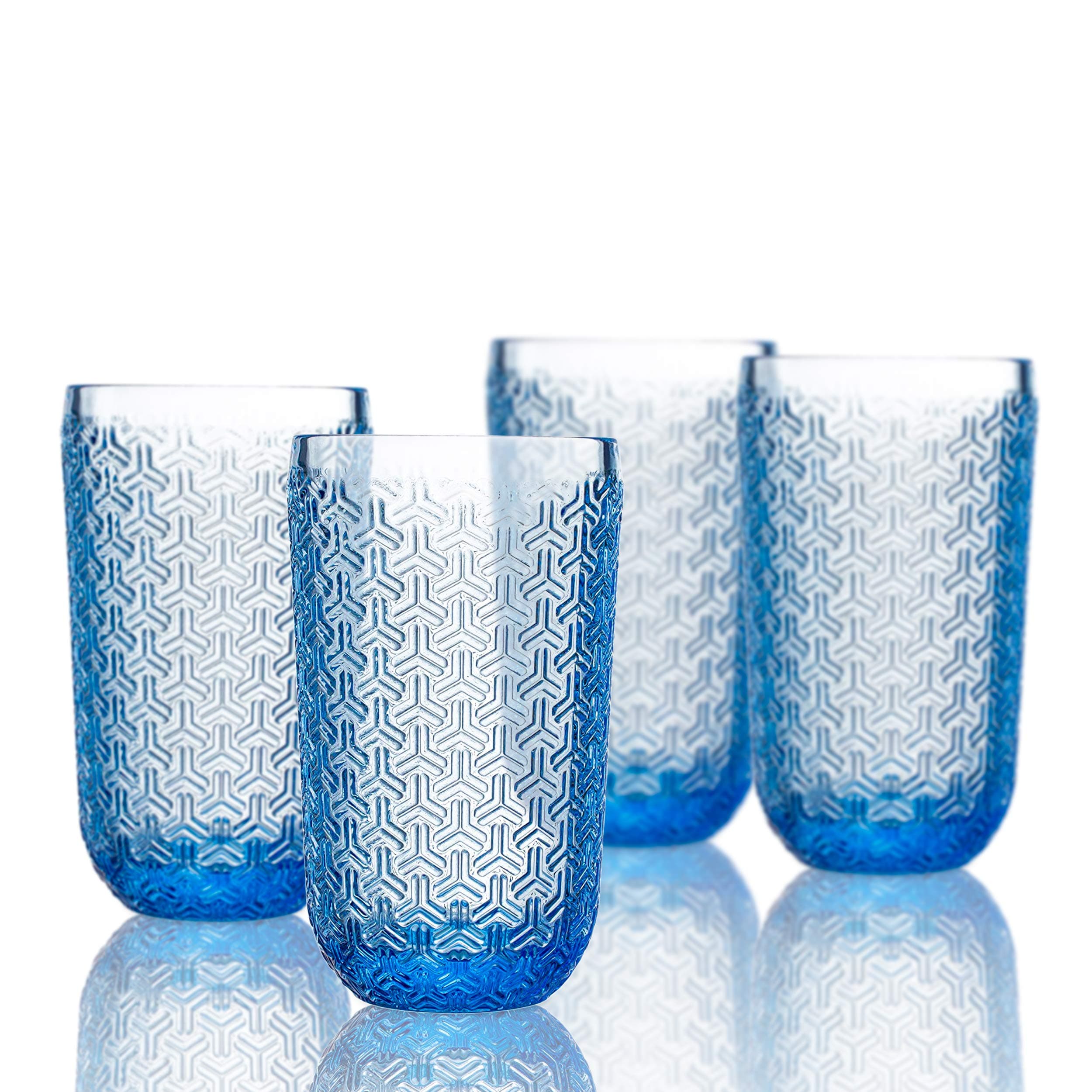 Elle Decor 4 Piece Set Highball, Blue, Bistro Key, 14 Ounces