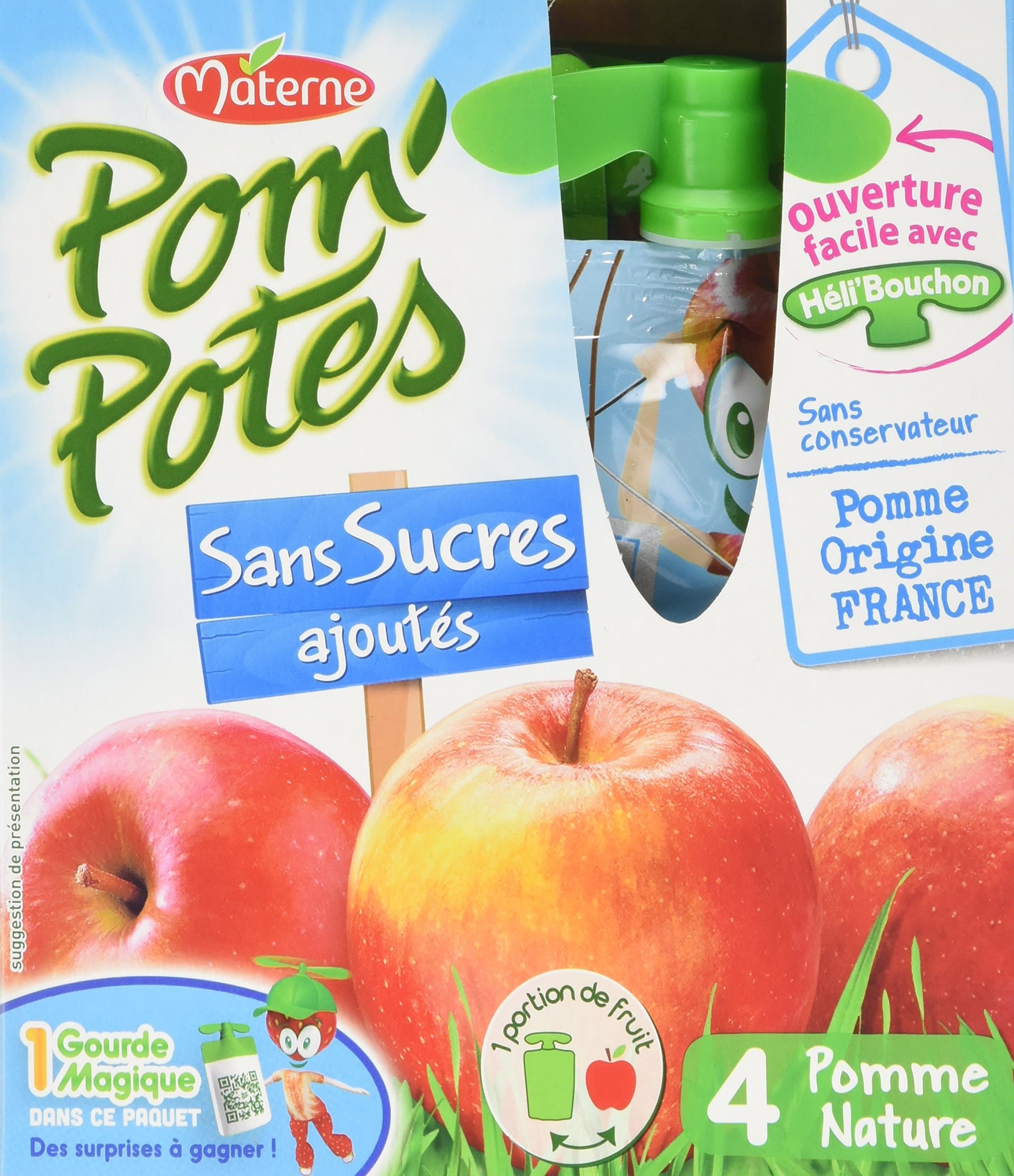 Pom'Potes Materne, Fruit Snack on The Go for Kids, Apple Puree No Added Sugar, Pouches, 4 x 90 g, Pack of 12, 48-Pouches