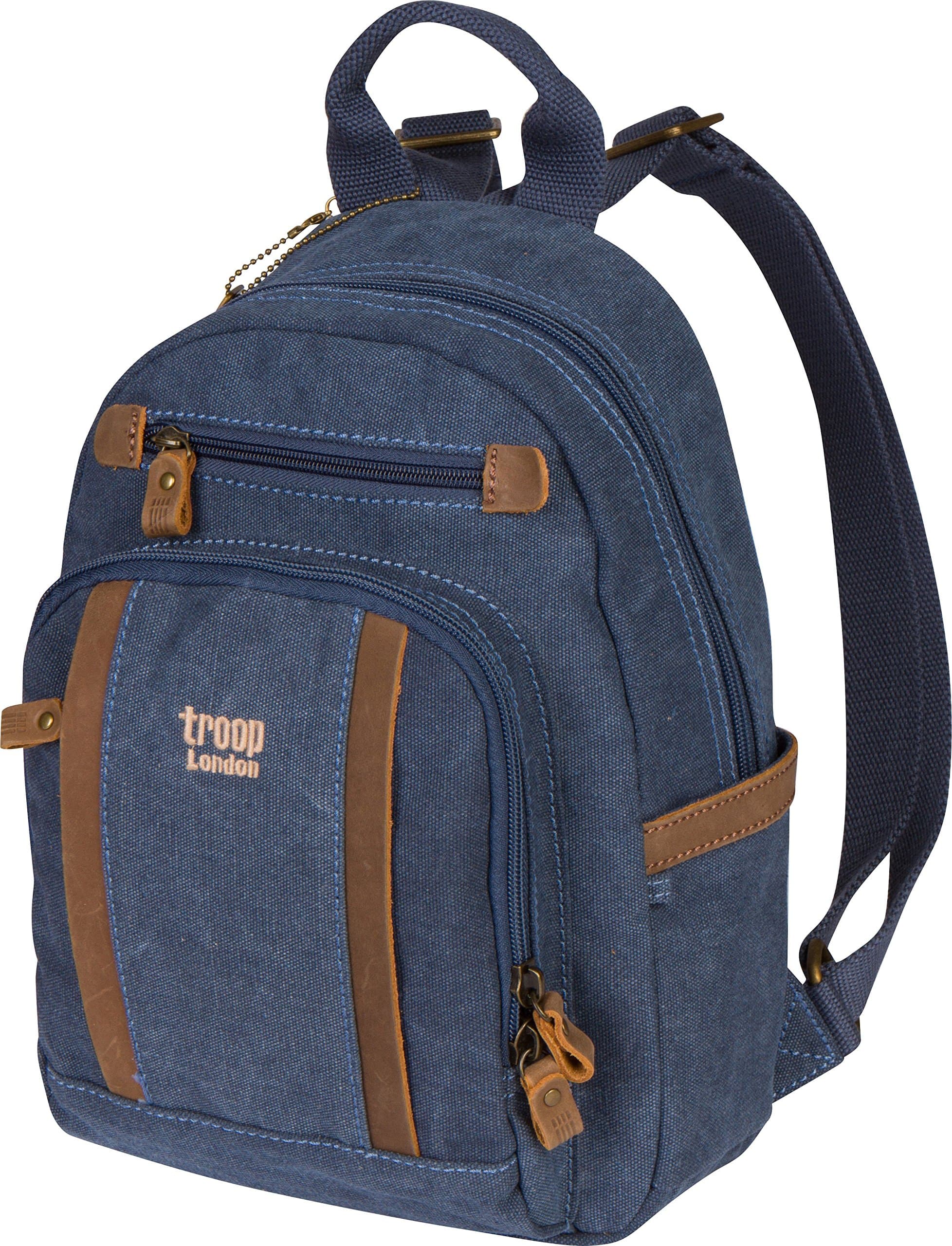 Troop London Canvas Backpack Leather Trims With Many Pockets Size Small TRP0255 (1 - Blue)