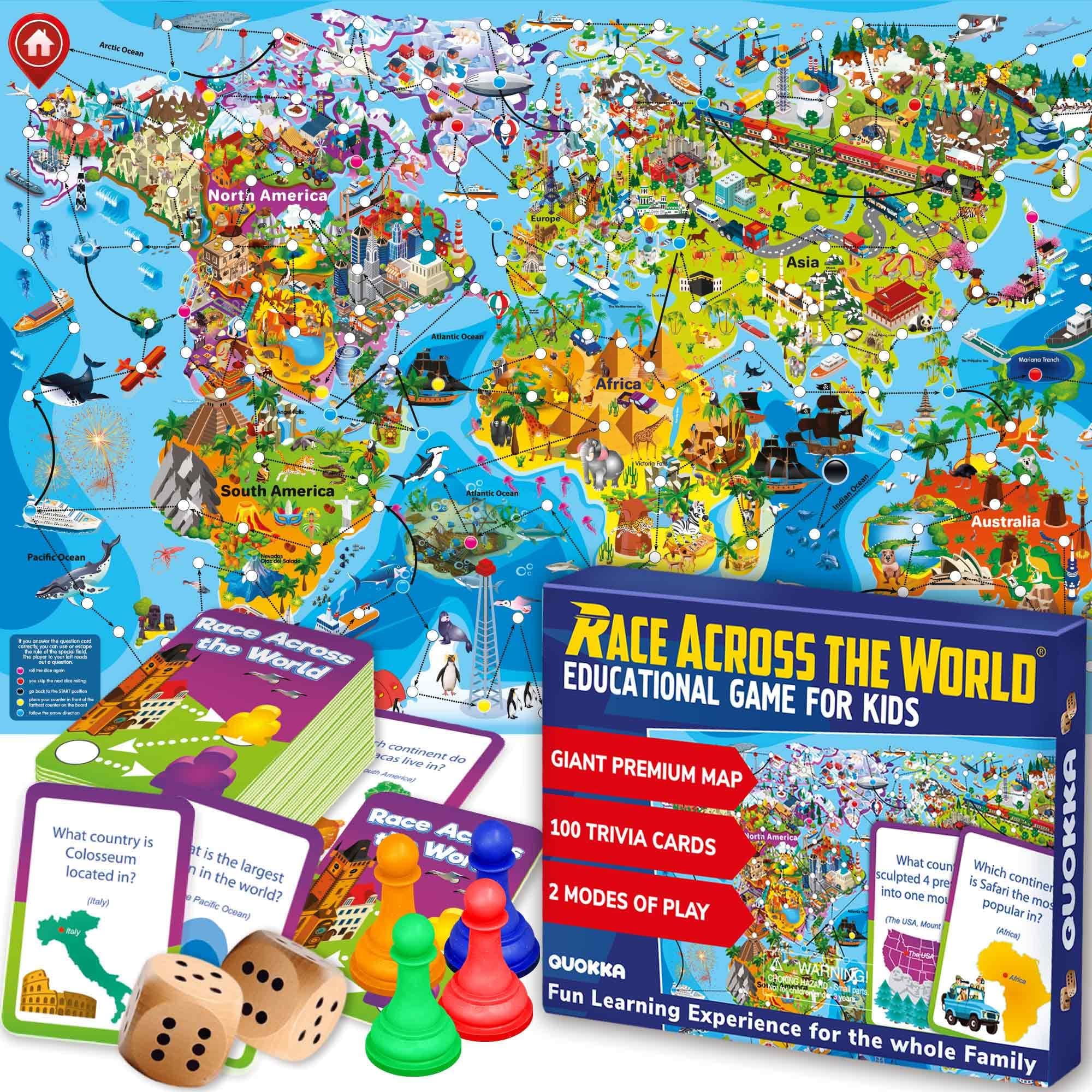 – Family Board Games For Kids And Adults - 1 to 10 Players - Race Across the World - Learning - Educational - Geography - 100 Question Cards - Indoor - Outdoor Games - Kids Teens Adults Family