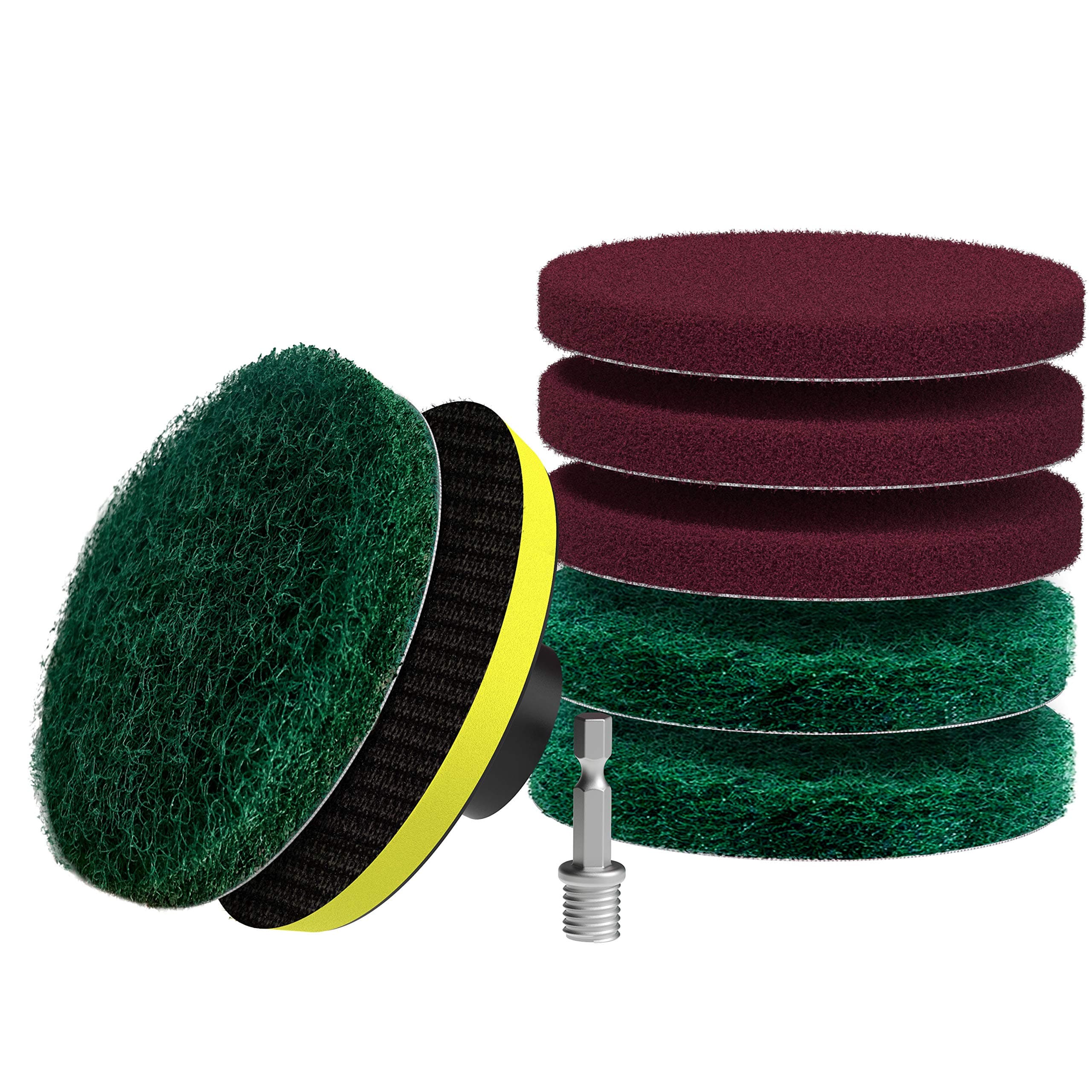 Drill Brush Power Scouring Pads - Heavy Duty Tub and Tile Cleaner - Drill Scrubber Brush kit Includes Drill Attachment, 3 Red, 3 Stiff Green Scrubber Pads