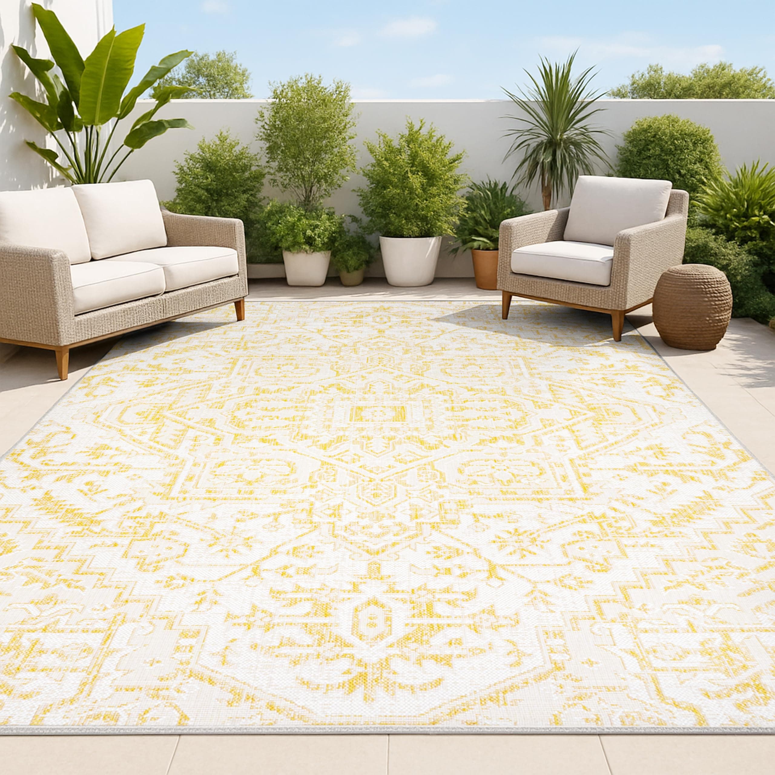 Boho Medallion Indoor Outdoor Area Rug 3X5 Cream/Yellow, Estrella Textured Weave for Backyard, Patio, Porch, Easy-Cleaning, High Traffic, Pet-Friendly, Non-Shedding (SMB105H-3)