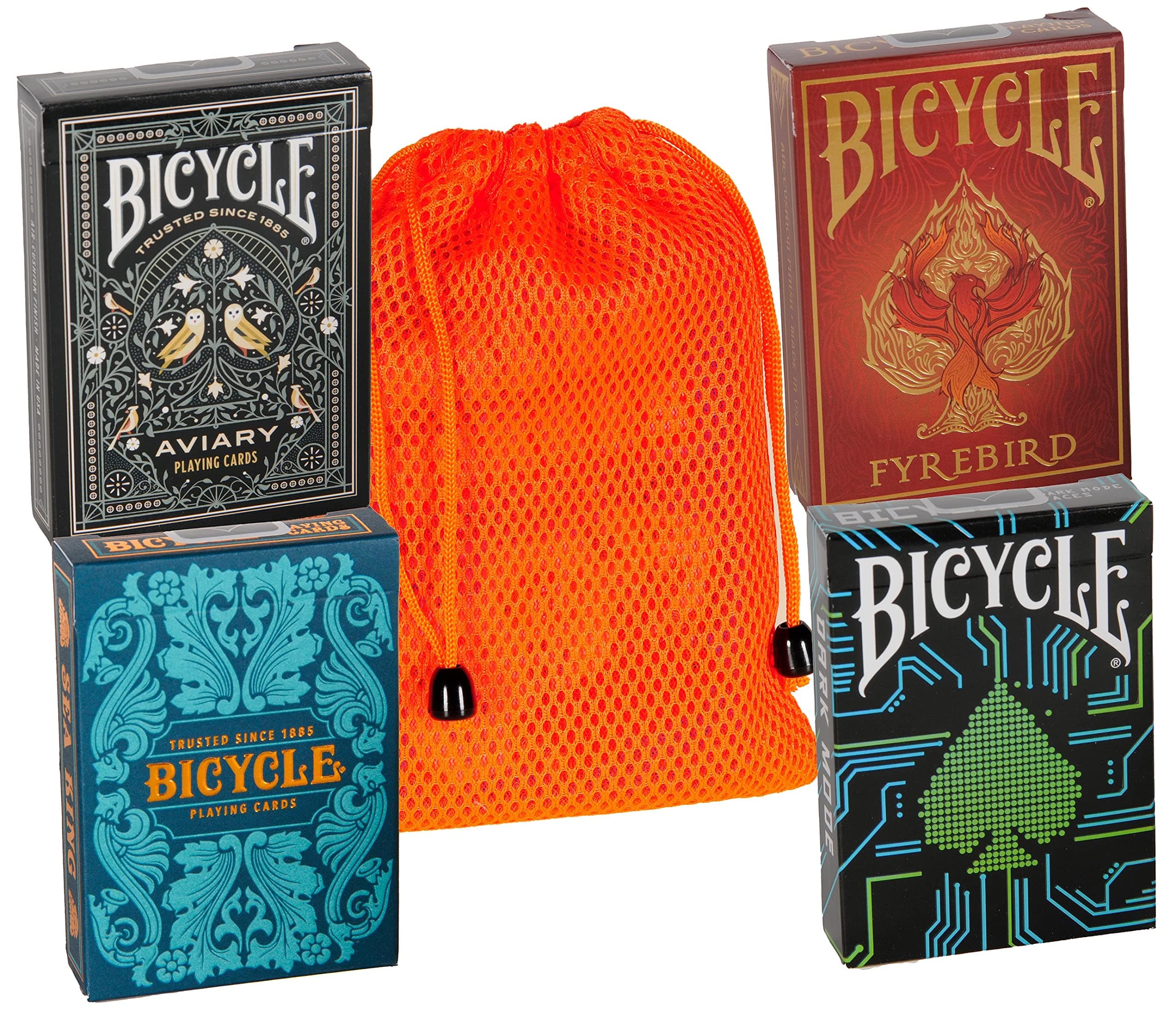 Playing Card Custom Bundle - Bicycle Fyrebird, Aviary, Dark Mode & Sea King with Orange Mesh Storage Pouch