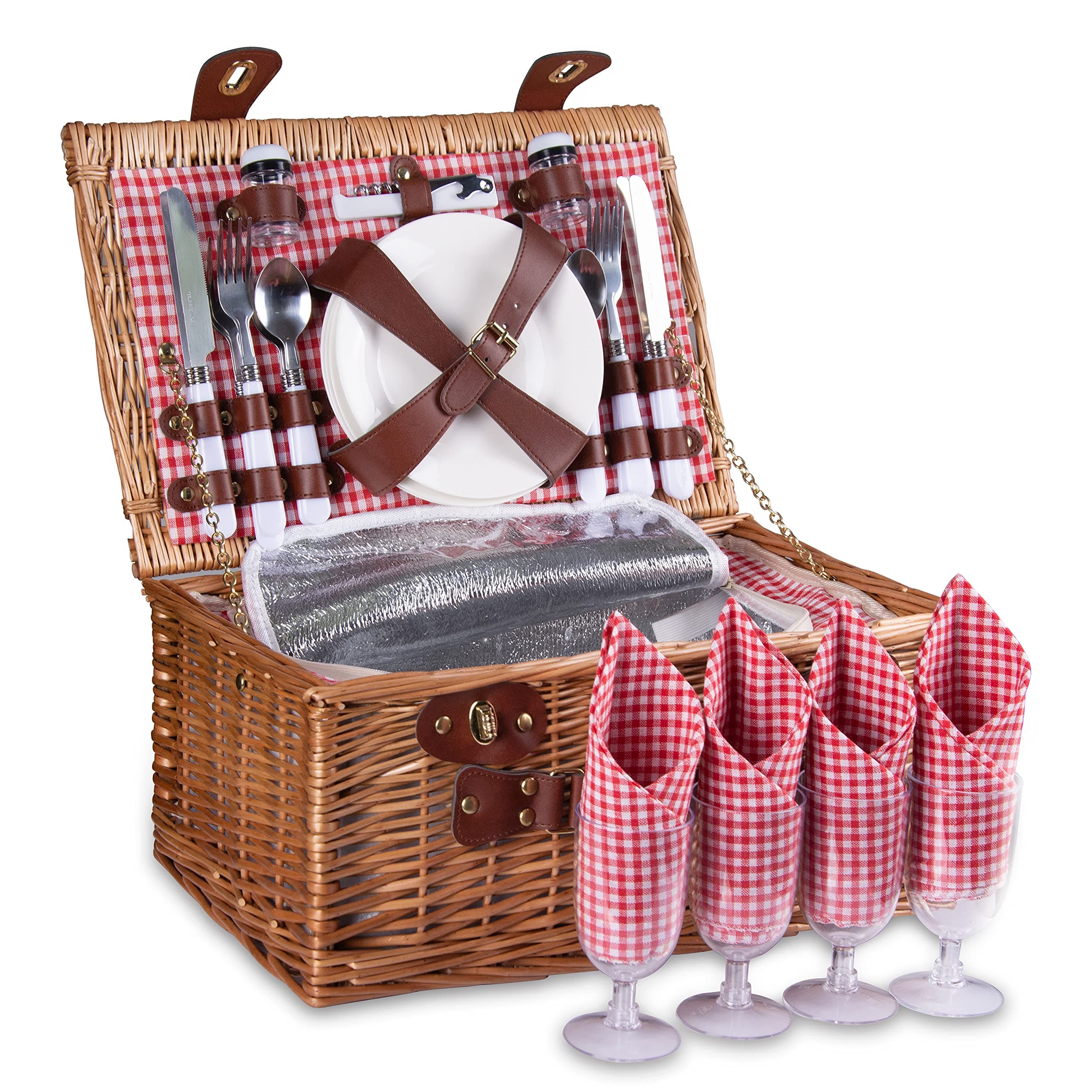 Luxury Insulated 28Pcs Wicker Picnic Basket Set for 4 with Cooler - Reinforced Handle,Red