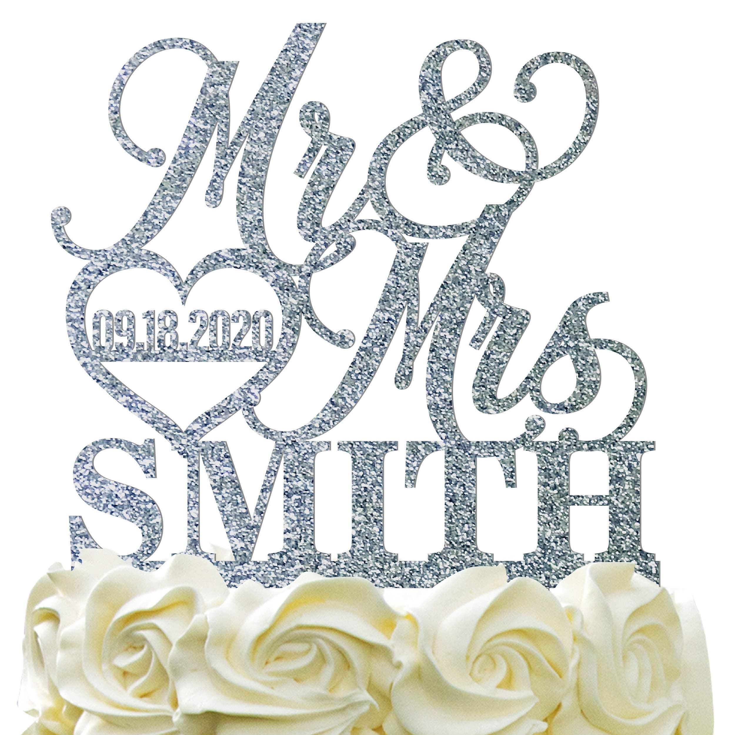Personalized Mr Mrs Wedding Cake Topper - Customized Last Name & Date w/Heart - Glitter Acrylic