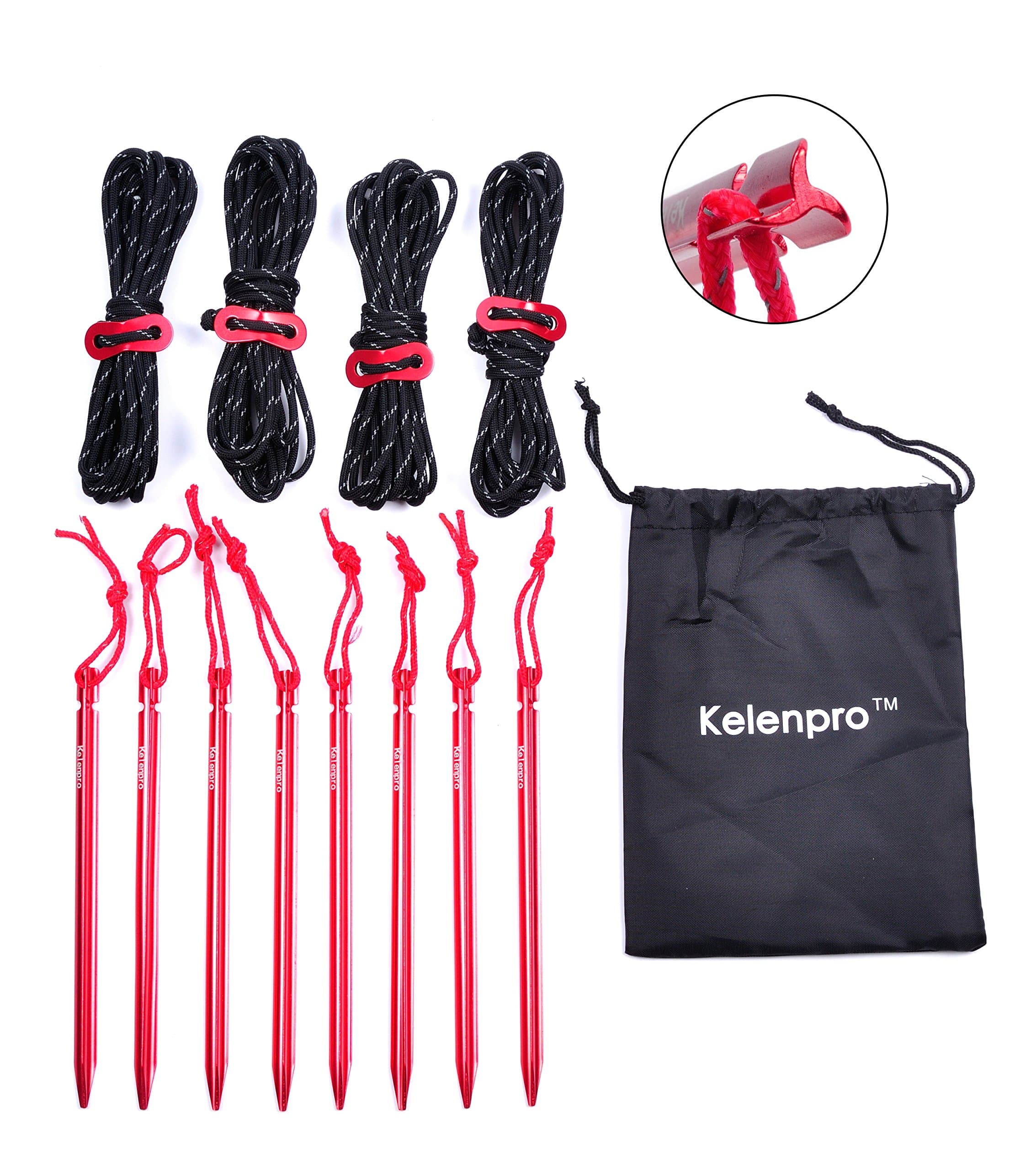 kelenpro Healthmmo 4 Pack 4mm Reflective Guy lines add 8 Pack 7-in Aluminum Tent Pegs Tent Stakes with Cord Adjuster & Pouch for Hiking Camping Mountaineering
