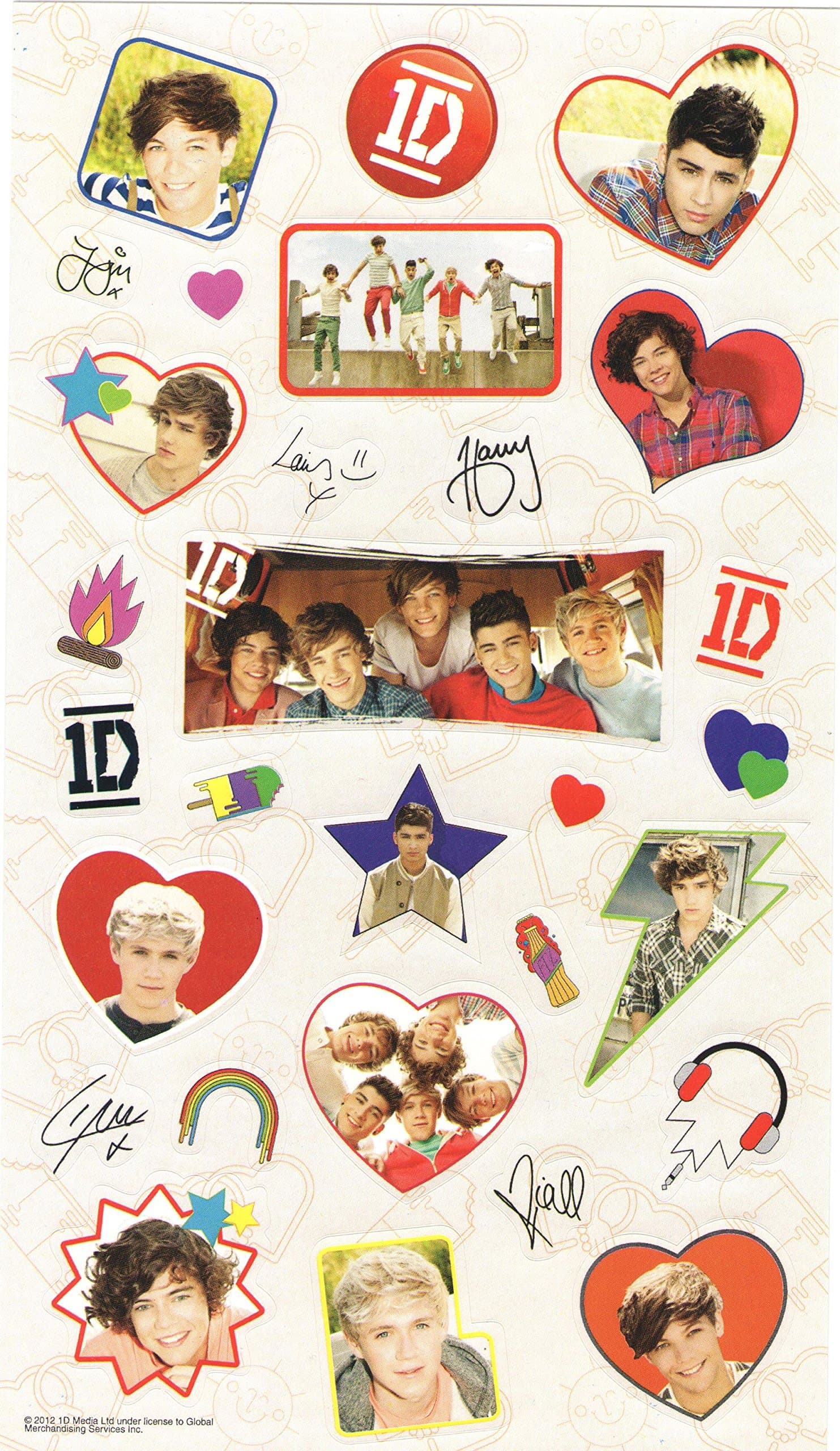 One Direction (1D) Set of 25 Full Color Stickers - Young and Fun (6" x 10.5" Sheet)