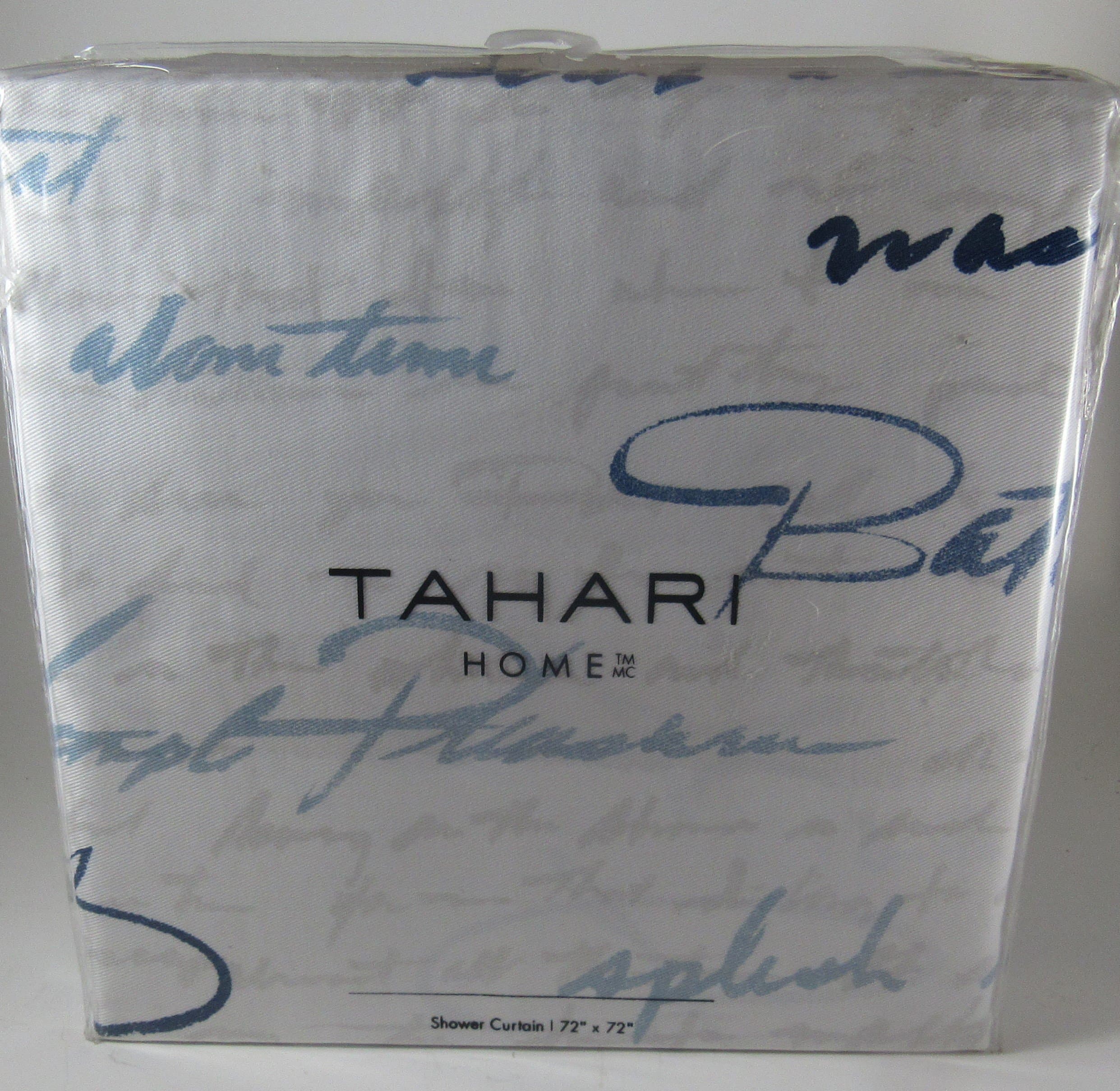 Tahari Home Fabric Shower Curtain Shower Script Print Light Blue Dark Blue Grey with White Background