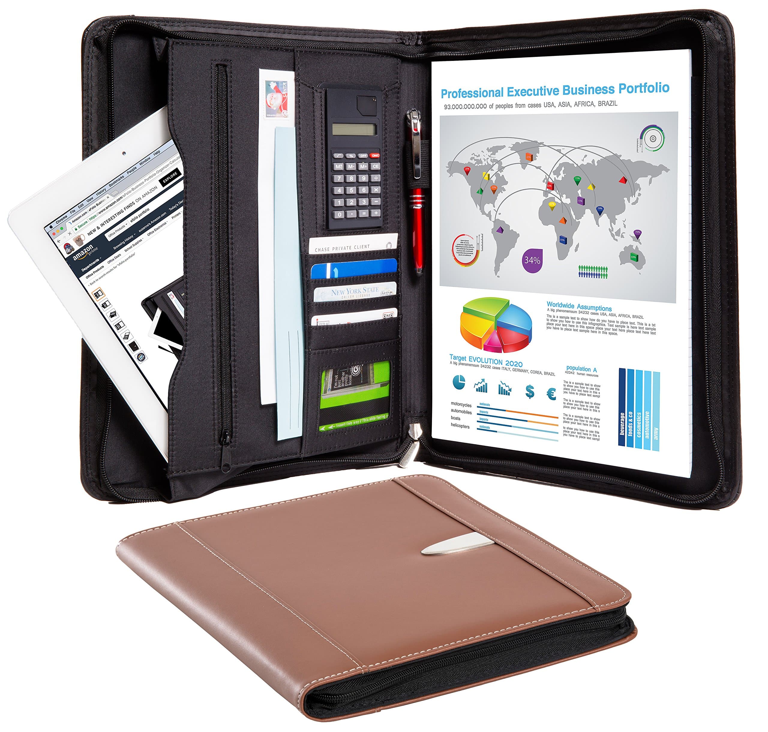 Business Portfolio Padfolio Binder – Professional Genuine Leather Padfolio - Zippered Executive Portfolio Organizer, A4 Replaceable Notepad, Calculator, iPad/Tablet Sleeve & Card Holder - eFolio