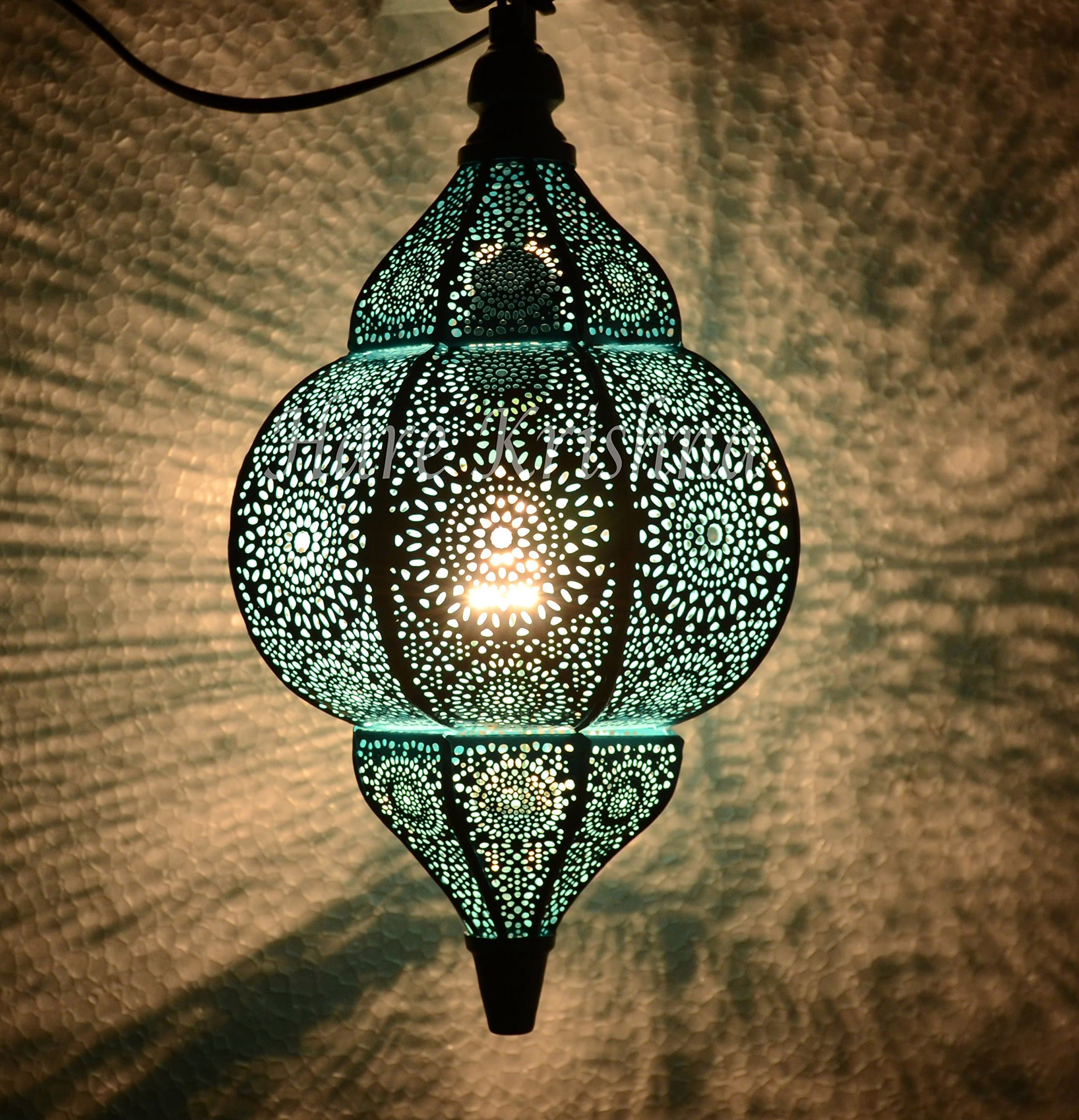 Indian Moroccan Style Metal Hanging Lighting Pendant Lamp Shade (Turquoise and Turquoise) 12 x 7.5 Inches