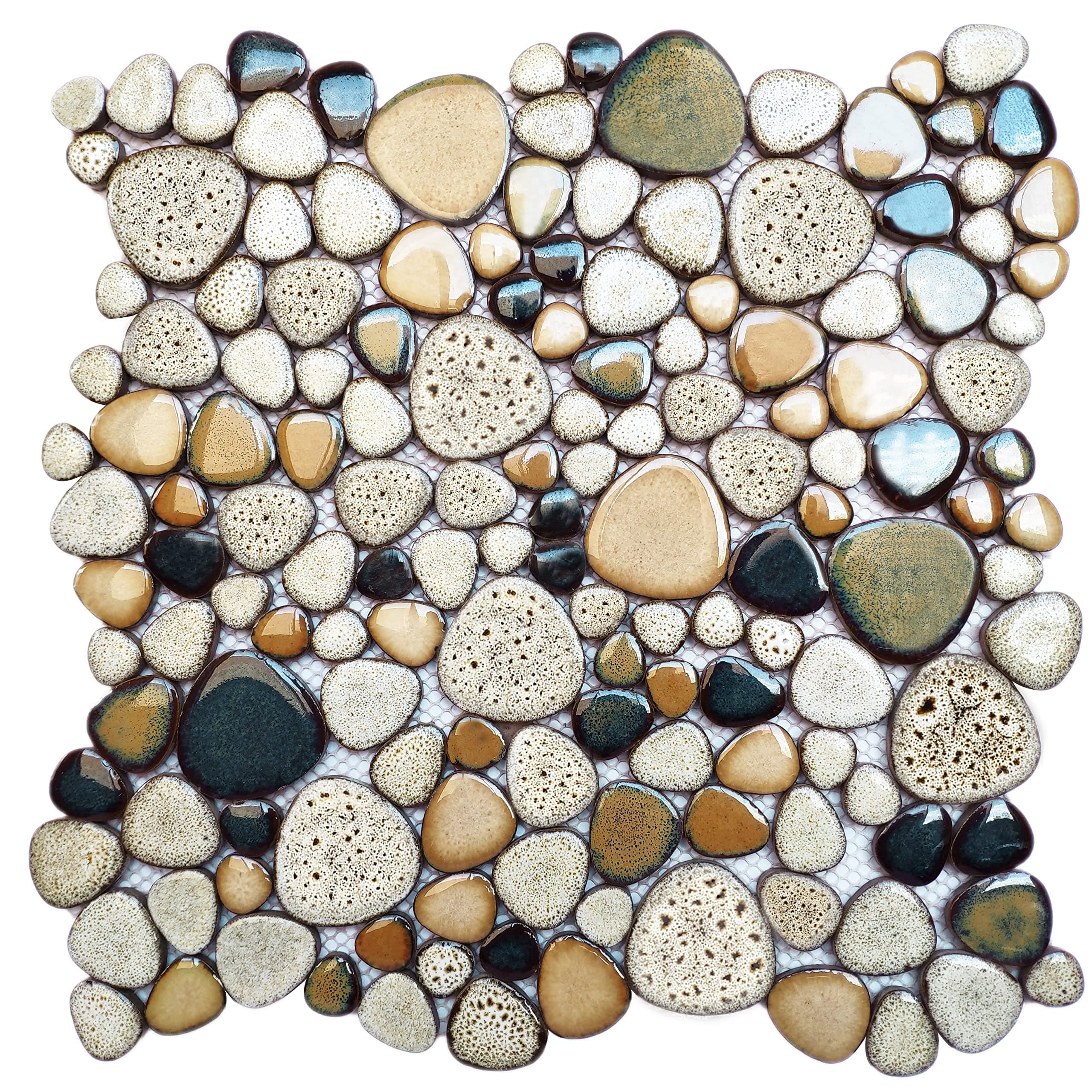 Leopard Random Pebble Ceramic Tile Tan Sand Colors 12'' x 12'' Mosaic Sheet for Accent Wall Backsplash Shower Floor PT87 (Box of 5 Sheets)