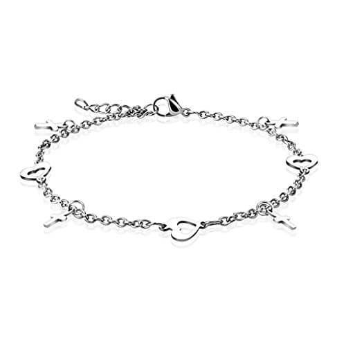 Jinique JSB-7154 Stainless Steel Chain with Heart and Cross Dangle Charm Anklet Bracelet