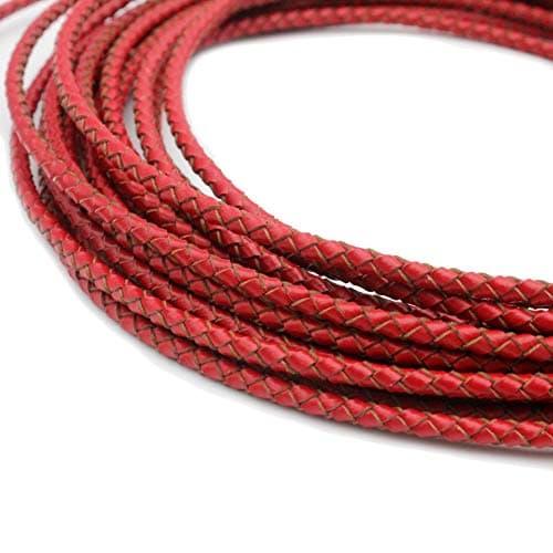 5 Yards 3mm Braided Leather Strap Round Folded Leather Cord Bracelet Necklace Making Bolo Tie (Red)