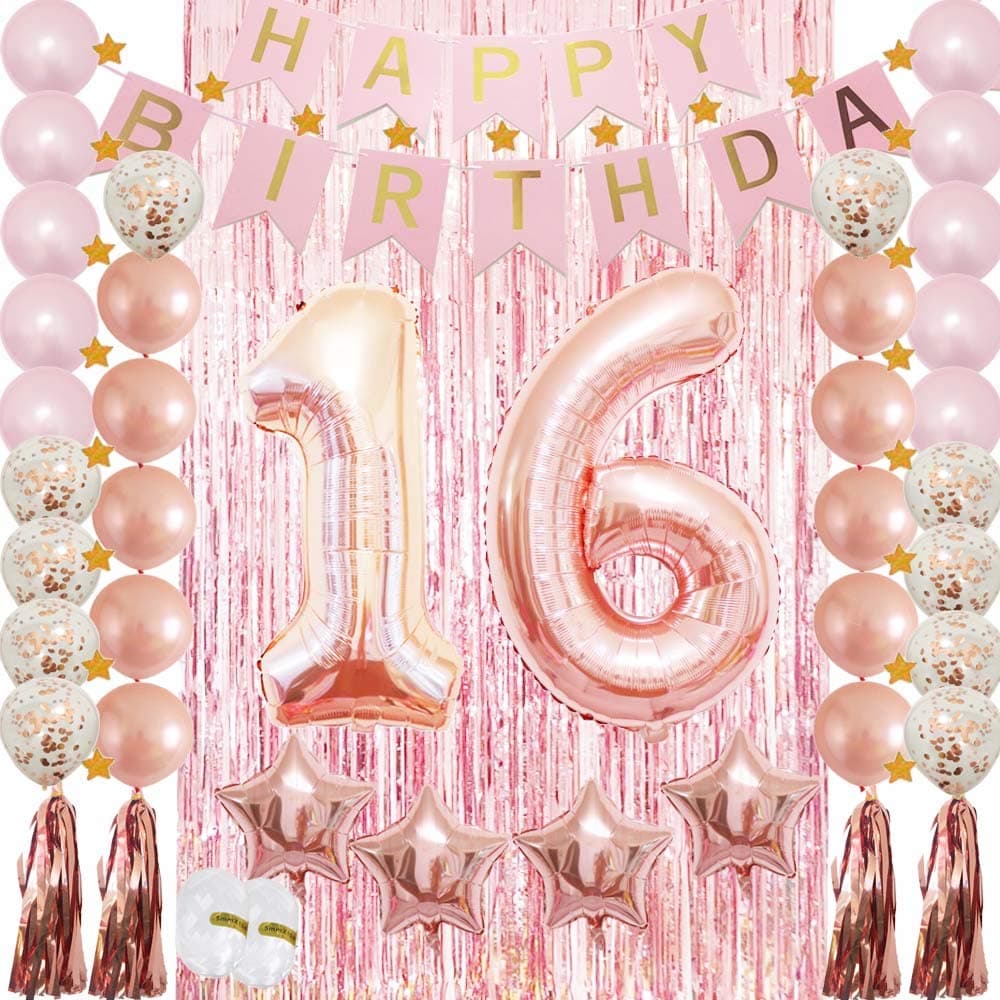 Sweet 16th Birthday Party Supplies Decoration Rose Gold-Confetti Latex Balloon,Foil Mylar Star,Tassel Garland,Tinsel Foil Fringe Curtains,Happy Birthday Banner as Photo Booth Props,Gift for Girl,Boy