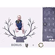 Baby Monthly Milestones Blanket Large 60"x 40" for Girls & Boys | Thick Fleece w/Deer Bib & Wooden Wreath for Month by Month Newborn Pictures | Personalized Infant Growth Photography Background Props