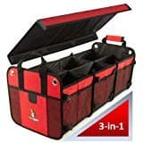 Convertible Large 3 Compartment SUV Trunk Organizer | Truck Bed for Trucks, Cars, SUVs (4-in-1 with Cover, Red)