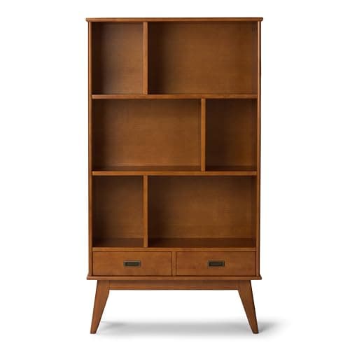 SIMPLIHOME Draper Bookcase - 64 inch Tall Solid Wood Wide Storage Bookshelf in Teak Brown, Mid-Century Modern Storage for Living Room, Study Room or Office with Adjustable Shelves and Tapered Legs