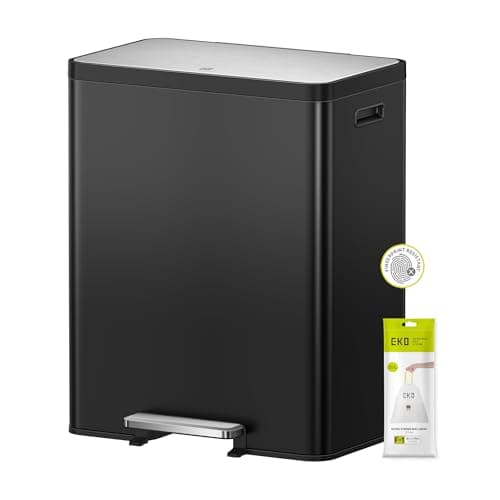EKO Ecocasa II Waste & Recycling Double Bin 30L + 30L, Fingerprint-Resistant Dual Kitchen Pedal Bin, Large 60L with Built-In Deodoriser, Matt Black Brushed Stainless Steel