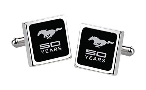 Official Mustang 50th Anniversary Cufflinks showcasing 50 Years. Made of Brass and Rhodium Plated for Protection and Ultra Shine. Long bar for a Secure fit. 3D Silver and Glossy Black Design.