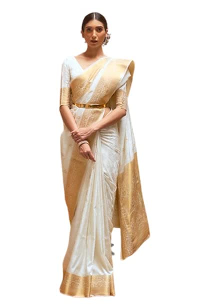 Women's kanjivaram banarasi silk saree for festival Wedding silk with rich pallu Design sarees for women with Unstitched blouse piece, White, One size