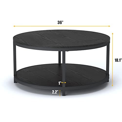 NSdirect 36” Wood Round Coffee Table, Industrial Wood Top & Sturdy Metal Legs for Living Room Modern Design Home Furniture with Storage Open Shelf (Black)