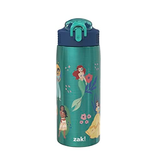 Zak Designs Disney Princess Water Bottle for Travel and At Home, 19 oz Vacuum Insulated Stainless Steel with Locking Spout Cover, Built-In Carrying Loop, Leak-Proof Design (Disney Princess)