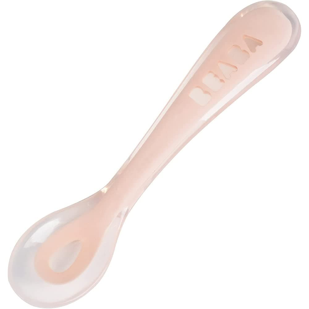 Beaba 2nd Stage Silicone Spoon - Baby Led Weaning Self Feeding Training Spoon with Ultra Soft Tip, Gum Friendly, Ergonomic Handles, BPA Free, Cotton Candy, 8m+