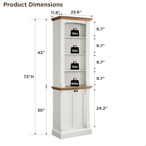 OKD Farmhouse Storage Bookcase,72" Tall Bookcase with 4-Tier Open Adjustable Shelves,Wooden Freestanding Bookshelf Storage Organizer for Home Office, Living Room,2 Doors,Antique White