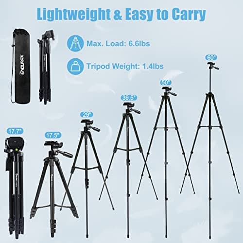 Endurax 60' Camera Phone Tripod Stand for DSLR Canon Nikon with Universal Phone Mount, Bubble Level and Carry Bag