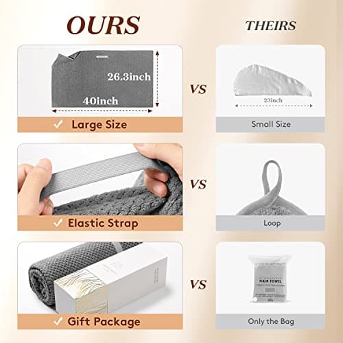 ラージ マイクロファイバー ヘアタオル ラップ 女性用 縮れ防止ヘアドライタオル ゴムストラップ付き 速乾ヘアターバン 濡れた髪用 長い 厚手 カーリーヘア スーパーソフトヘアラップタオル ダークグレー