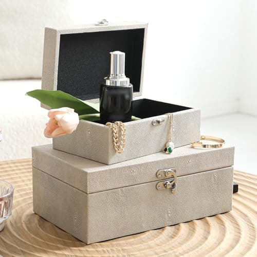 Faux Shagreen Leather Decorative Storage Boxes Set of 2, Ivory