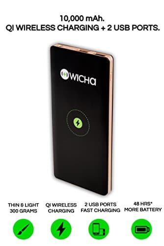 WICHA Wireless Portable Power Bank - 10000mAh External Battery with QI Wireless Charging 10000mAh Support for iPhone X, iPhone 8, Samsung Galaxy and More.