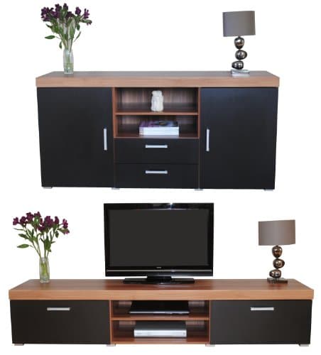 SydneyBlack & Walnut 2 Metre TV Cabinet & Large Sideboard Unit Living Room Furniture Set