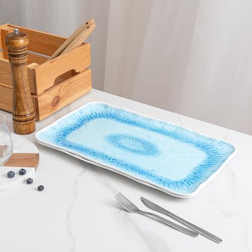 ZAROCRUS Large Farmhouse Melamine Serving Trays, Set of 2, 17 x 10 inches Serving Platters for Food Serving, Durable and Dishwasher Safe BBQ Tray, Reactive Blue