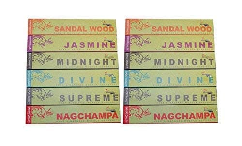 Narayana Set of 12 Masala Nag Champa, Sandalwood, Jasmine, Supreme, Divine, Midnight Incense Sticks - 2 Packs Each of 6 Different fragrances