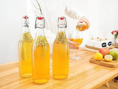 Swing Top Bottles 1000ml-2 Pack Round Clear Glass Grolsch Flip Top Bottle With Stopper, for Beverages, Smoothies, Kefir, Beer, Soda, Juicing, Kombucha, Water, Milk and Vinegar