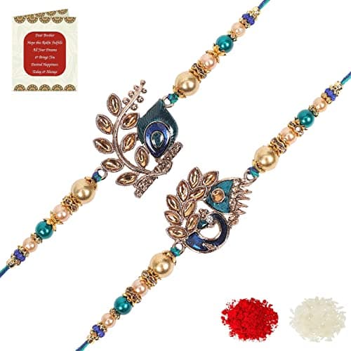 Riddhika Ventures Stylish Blue Peacock Feather and Royal Blue Peacock Kundan Rakhi with Roli Chawal and Greeting Card (K2K3)