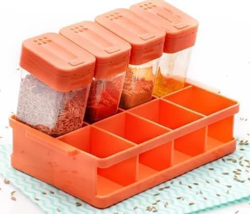 Kitchen 8 Pcs Sets Airtight Rasoi Box Spice Storage Jar Masala Box Spice Container Idle for, Easy Flow Spice Storage Container with Tray(MULTICOLOR) (8 PCS SPICE JAR SET-1)