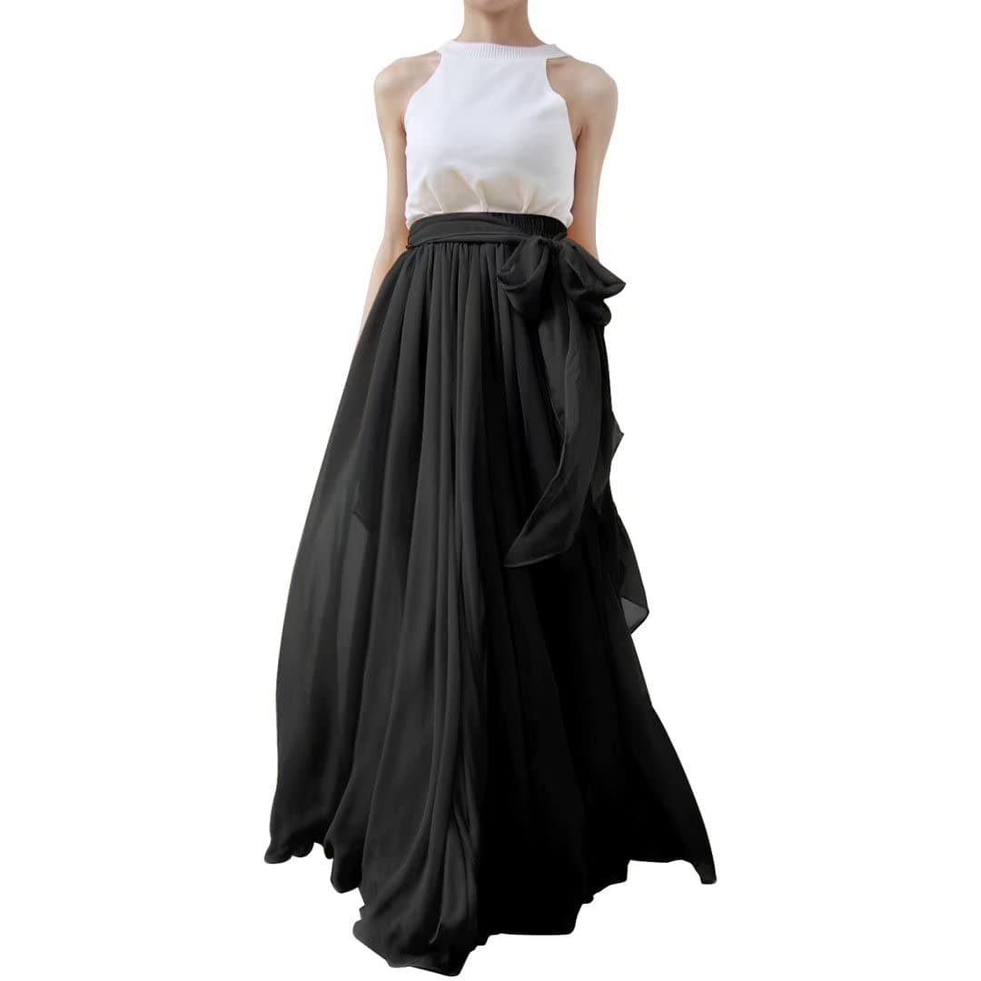 Summer Beach Chiffon Long High Waist Maxi Skirt with Belt for Wedding Black Size 3XL