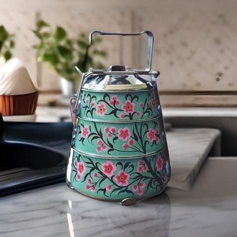 Traditional Hand Painted Stainless Steel Pyramid 3 Tier Lunch Box, Tiffin Box for Office and Picnic Height :9 inches Width : 6 inches (Floral Blue), Medium