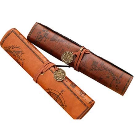 Shuny 2 PCS Retro Roll Pencil Case,Rollup Pencil Case,Rolling Leather Pencil Case with Pencil,Pirate Treasure Map Roll up Cosmetic Bag Stationery