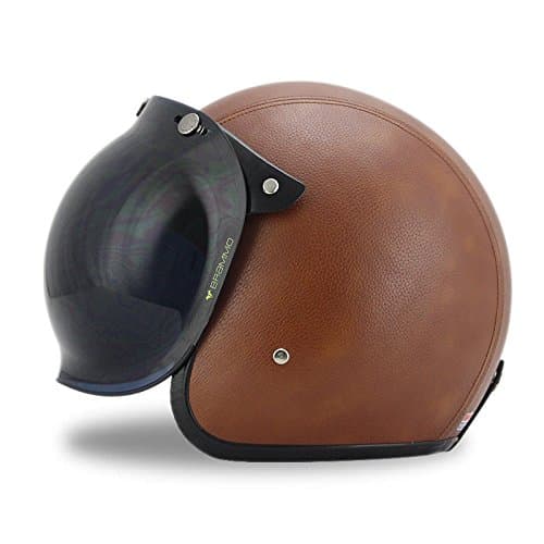 3/4 Open Face helmet, Motorcycle Helmet Flat Leather with Bubble Shield Brown (S)