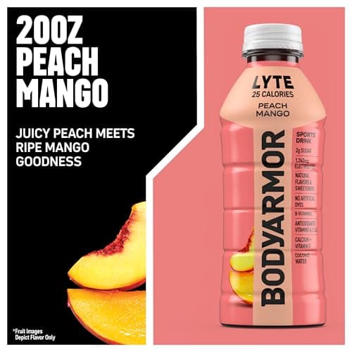 BODYARMOR LYTE Sports Drink Low-Calorie Sports Beverage, Peach Mango, Coconut Water Hydration, Natural Flavors With Vitamins, Potassium-Packed Electrolytes, Perfect For Athletes, 20Fl Oz (Pack of 6)