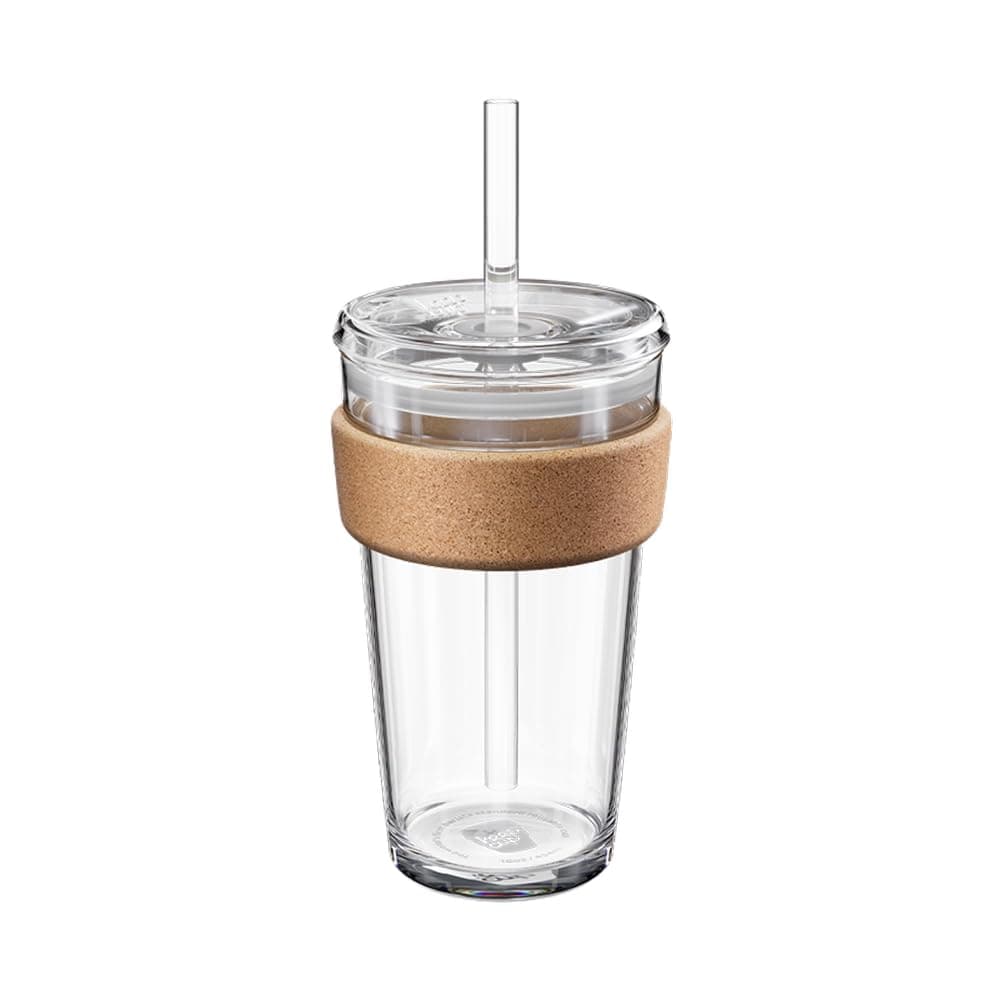 KeepCup Cold Cup - Brew Cork Tempered Glass Ice Coffee Tumbler with Recovered Cork Band, Lid and Straw - 16oz (454ml)