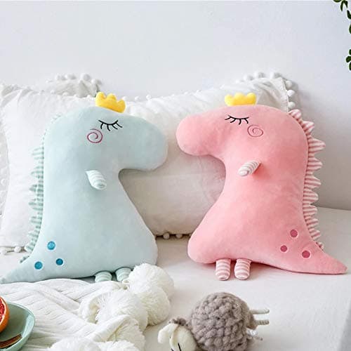 Cute Dinosaur Shaped Velvet Fur Cushion for Kids Room, Living Room, Bedroom, Luxury Furnishing, Throw Pillow (16x16 inch, Pink & Blue) - Pack of 2