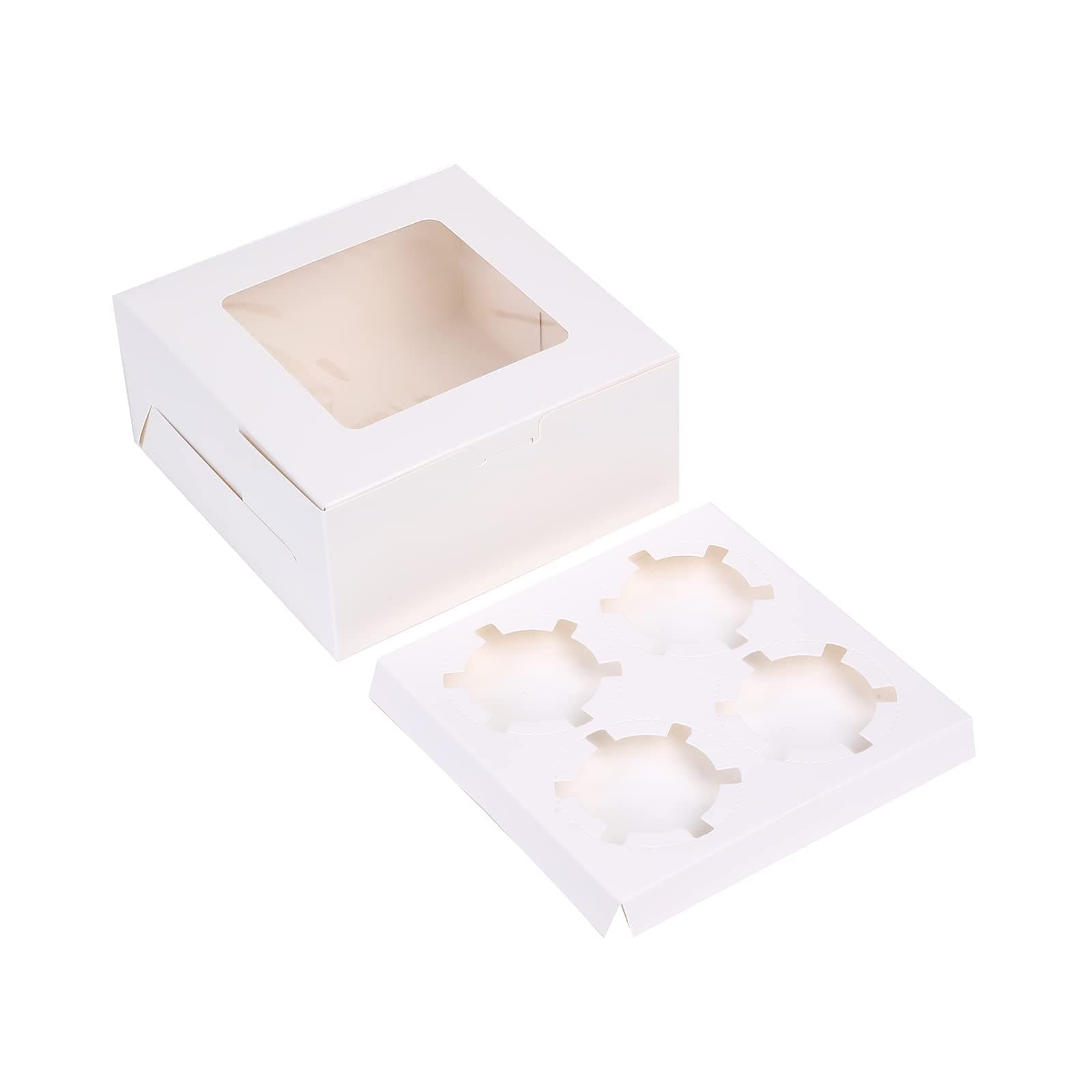 REDDOTGIFT® 4 Cavities Kraft Paper Cupcake Box (Pack of 12) with Inserts Cupcake Containers Bakery Cake Carriers for Home Dessert Shop (White)