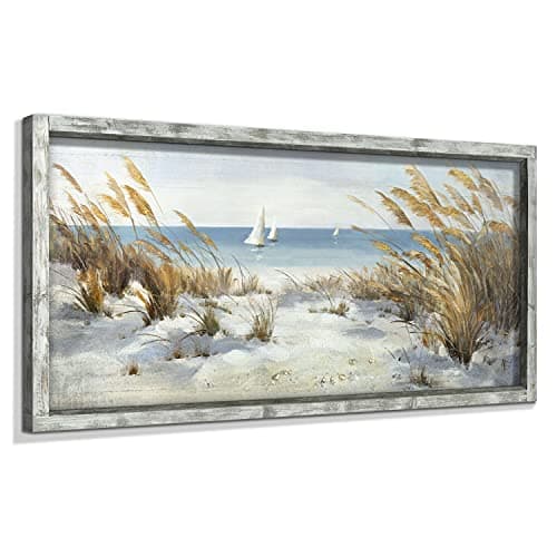 Framed Ocean Wooden Wall Art: Coastal Oil Painting Style 48"x24" Ocean Pictures Seascape Art Beach Prints Artwork for Office