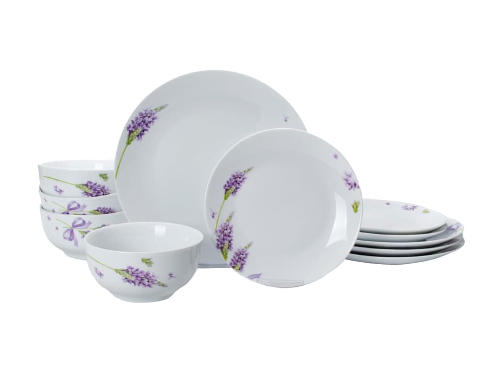 12-Piece Porcelain Kitchen Dinnerware Set with Purple Lavender Pattern, Round Dinner Plates, Dessert Plates, Soup Bowls, Service for 4